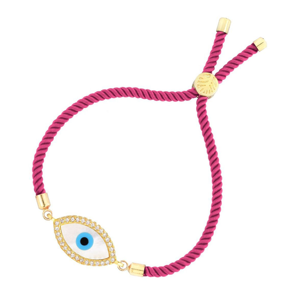 Oval Evil Eye Mother Of Pearl CZ Gold Pink Thread Bracelet Bulk
