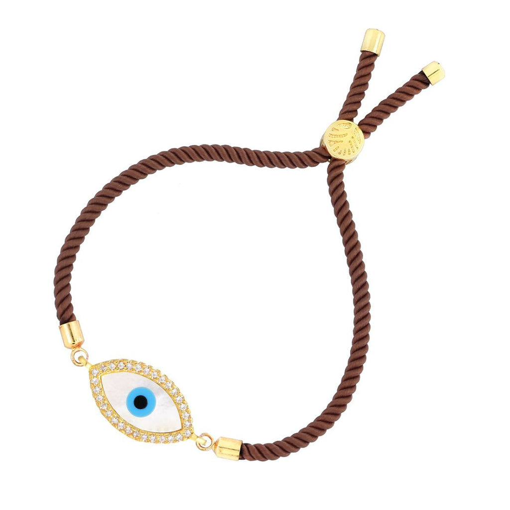 Oval Evil Eye Mother Of Pearl CZ Gold Brown Thread Bracelet Bulk
