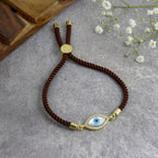 Oval Evil Eye Mother Of Pearl CZ Gold Brown Thread Bracelet Bulk
