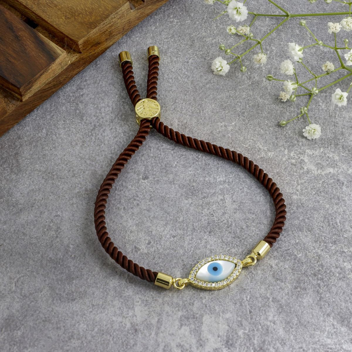 Oval Evil Eye Mother Of Pearl CZ Gold Brown Thread Bracelet Bulk