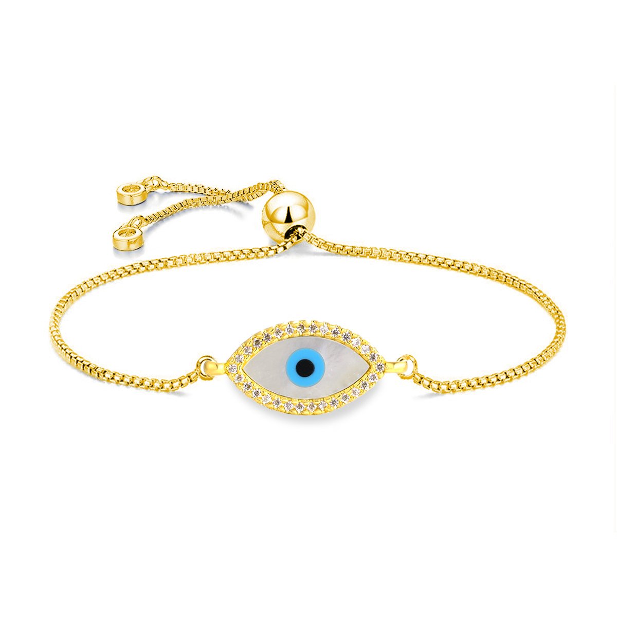 Turkish Evil Eye Mother Of Pearl CZ Gold Slider Bracelet Bulk