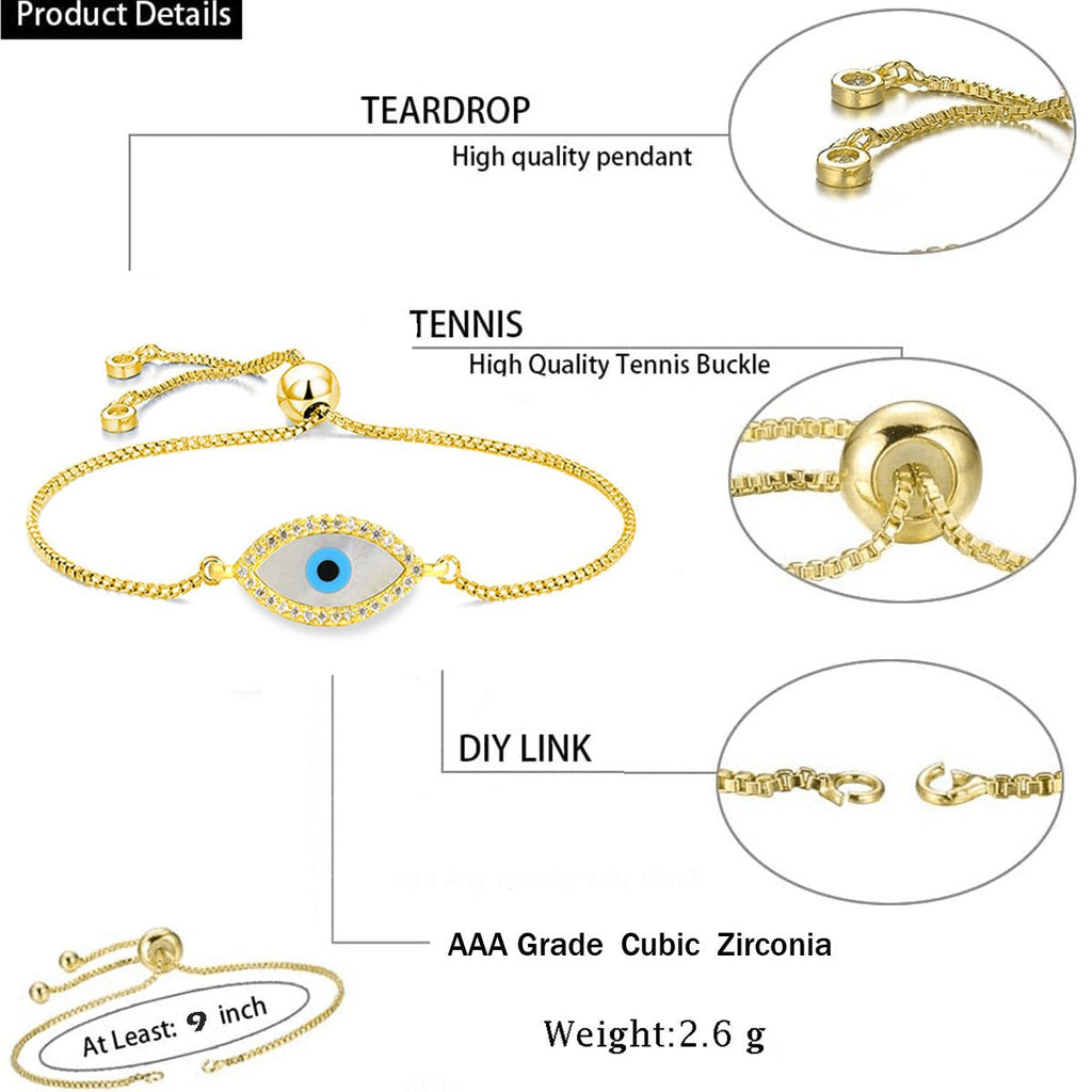 Turkish Evil Eye Mother Of Pearl CZ Gold Slider Bracelet Bulk
