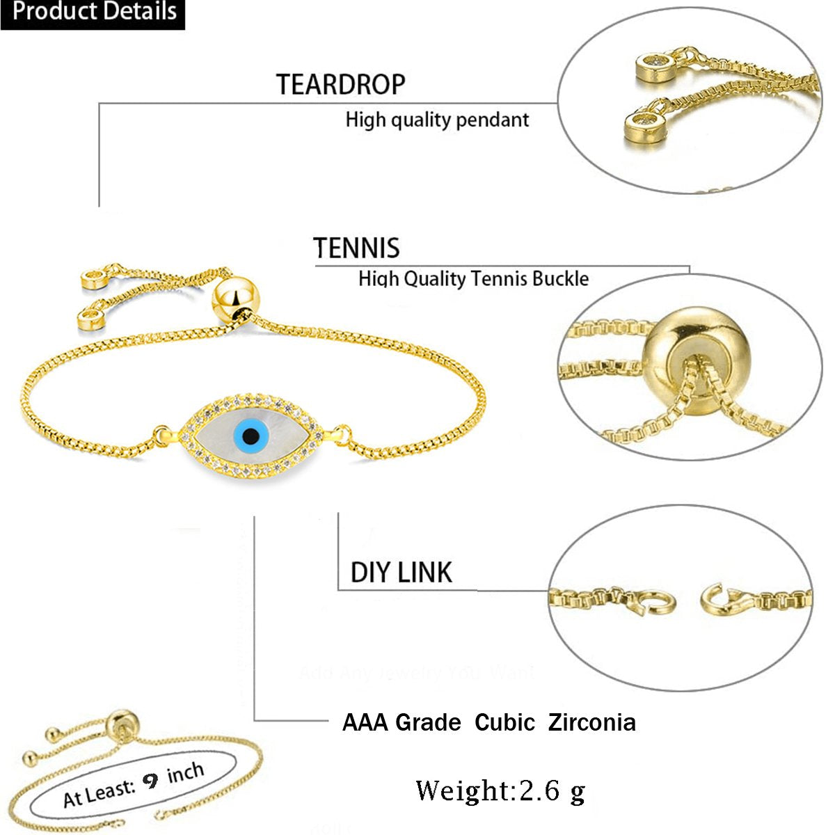 Turkish Evil Eye Mother Of Pearl CZ Gold Slider Bracelet Bulk