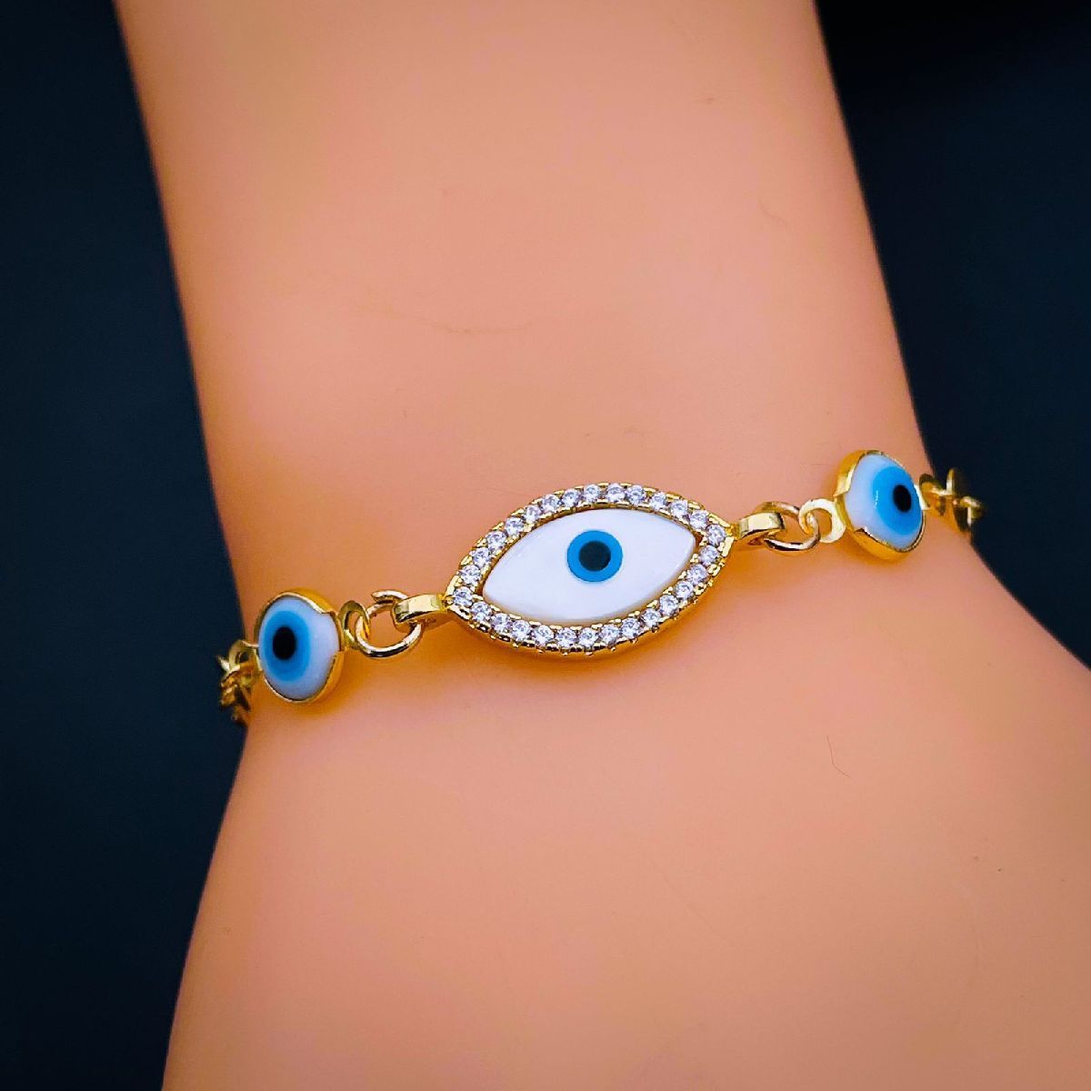 Copper Oval Evil Eye Cubic Zirconia Gold Adjustable Bracelet Bulk Secondary image