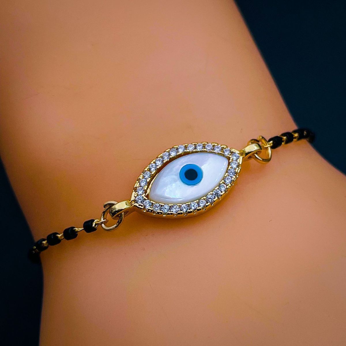 Oval Gold Evil Eye CZ Mother Of Pearl Hand Mangalsutra Bracelet Bulk
