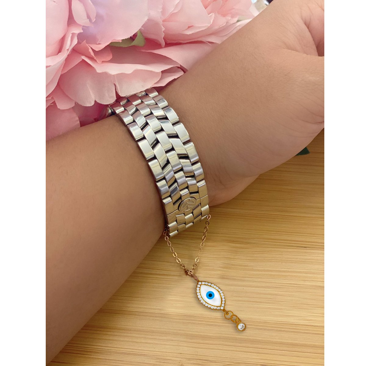 Evil Eye Nazariya Mother Of Pearl Zircon American Diamond 22K Gold Slim Link Chain Watch Charm For Women
