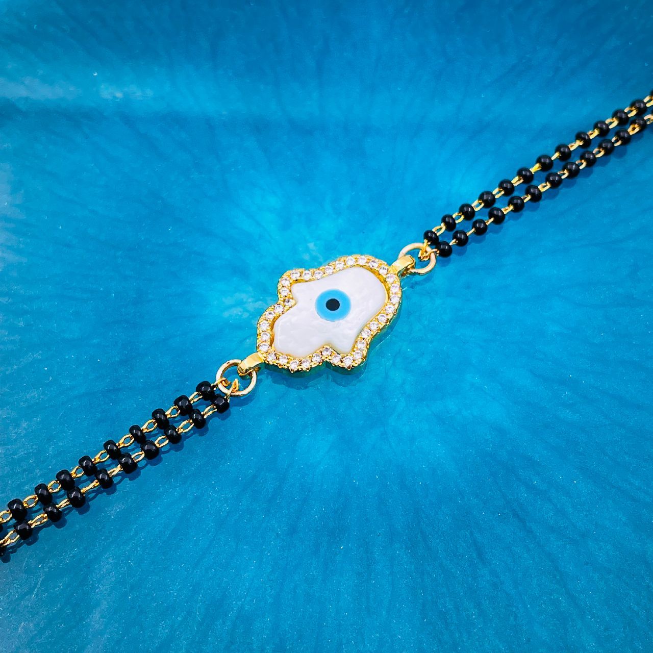 Hamsa Hand Evil Eye Mother Of Pearl Zircon 22K Gold Hand Mangalsutra Bracelet For Women Main image