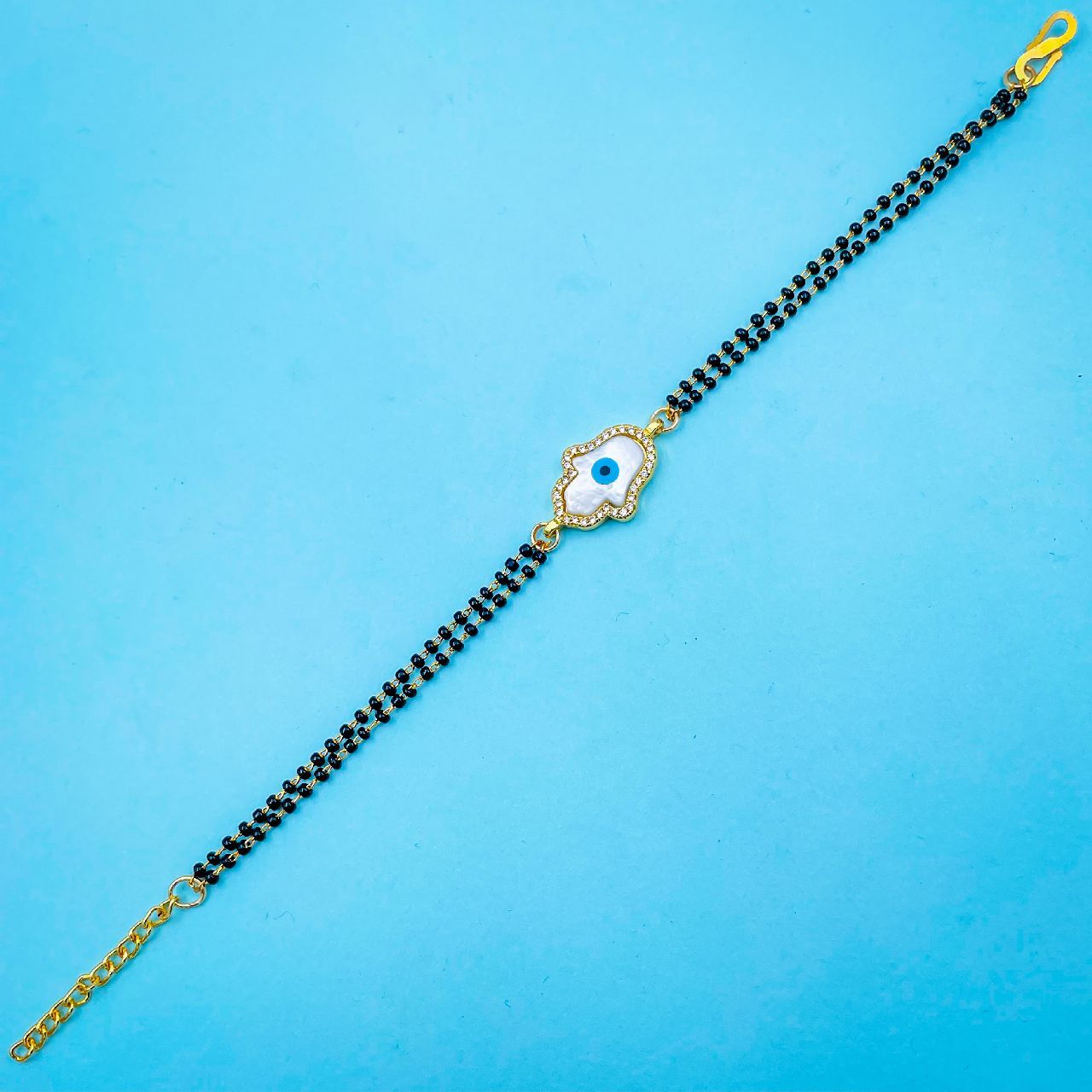 Hamsa Hand Evil Eye Mother Of Pearl Zircon 22K Gold Hand Mangalsutra Bracelet For Women