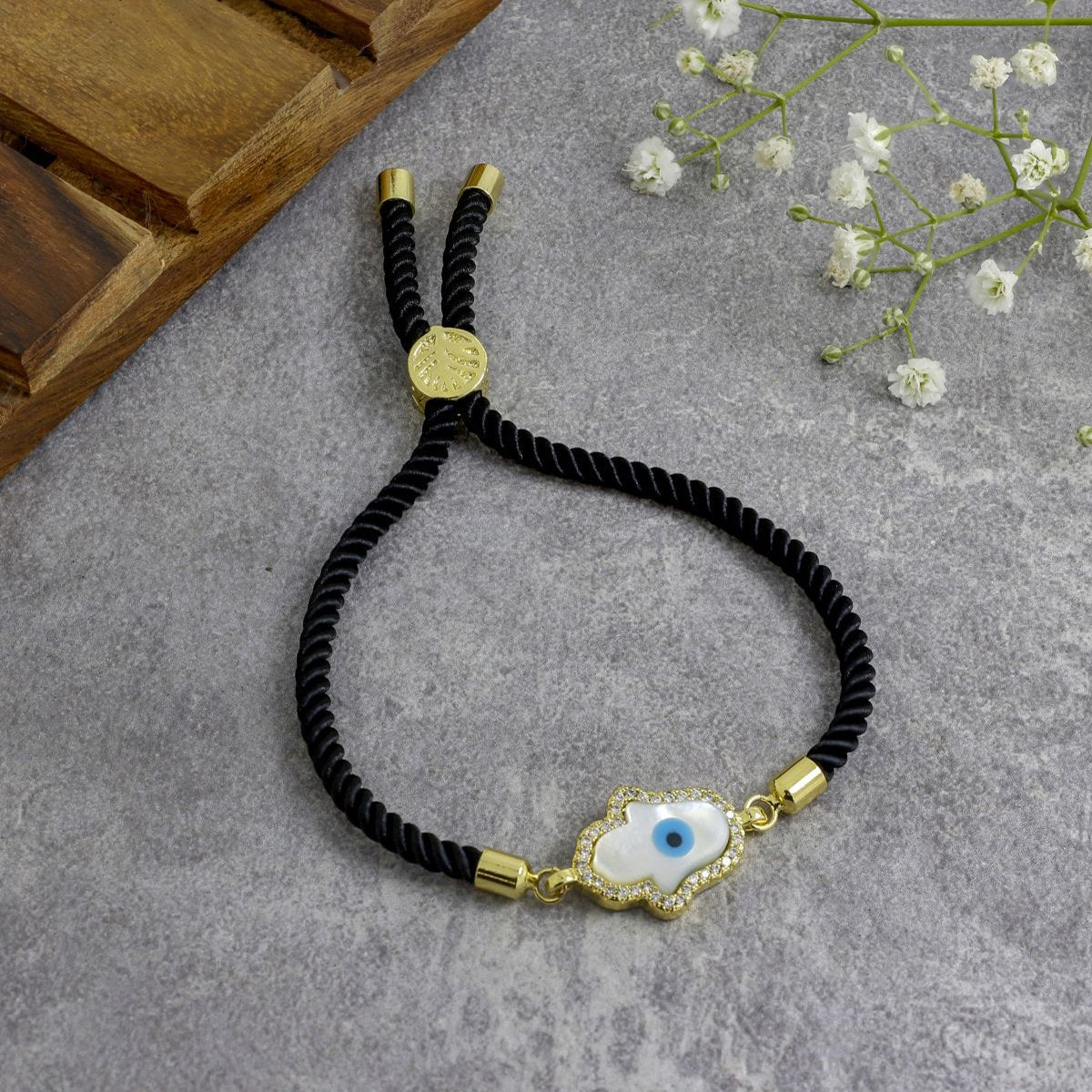 Evil Eye Hamsa Mother Of Pearl 18K Gold Black CZ Thread Bracelet Bulk Main image