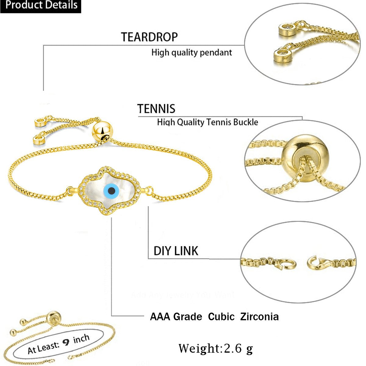 Evil Eye Hamsa Gold Mother Of Pearl CZ Slider Bracelet Bulk