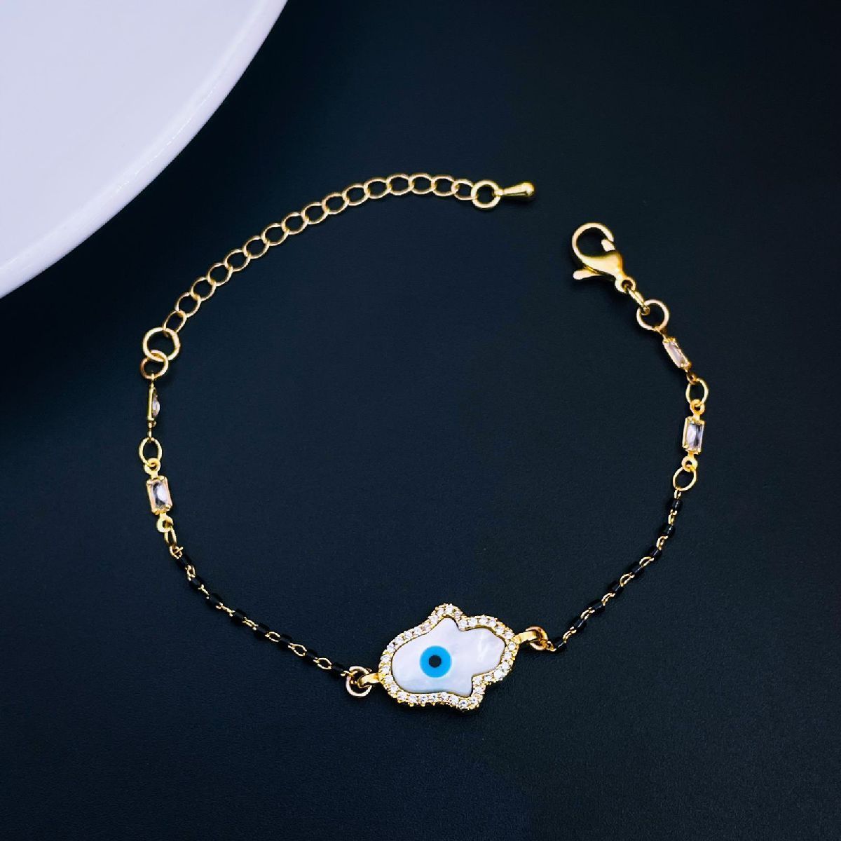 Hamsa Gold Evil Eye CZ Mother Of Pearl Hand Mangalsutra Bracelet Bulk