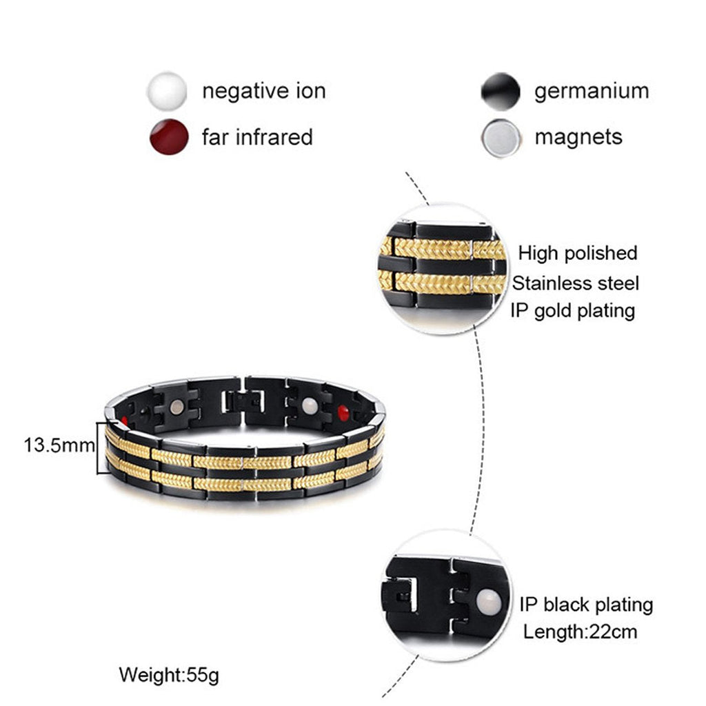 Titanium Stainless Steel Black Gold Magnet Health Therapy Bio Energy Bracelet Men
