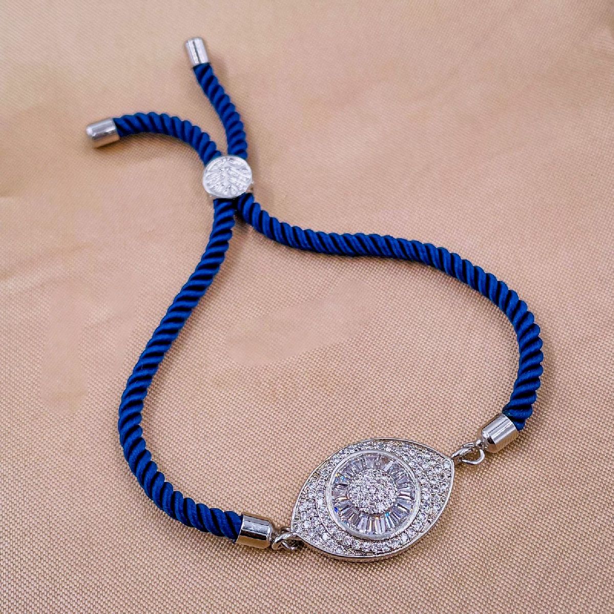 Evil Eye Copper Blue Silver Cubic Zirconia Thread Slider Bracelet Bulk Main image
