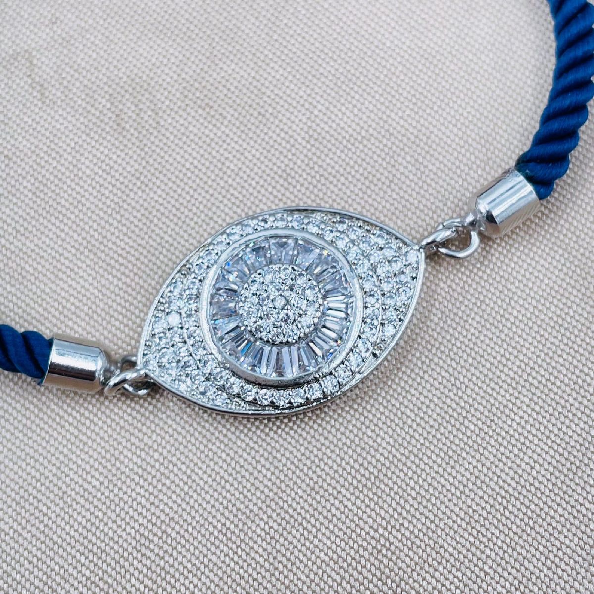 Evil Eye Copper Blue Silver Cubic Zirconia Thread Slider Bracelet Bulk Secondary image