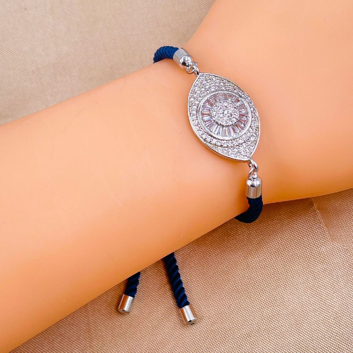 Evil Eye Copper Blue Silver Cubic Zirconia Thread Slider Bracelet Bulk