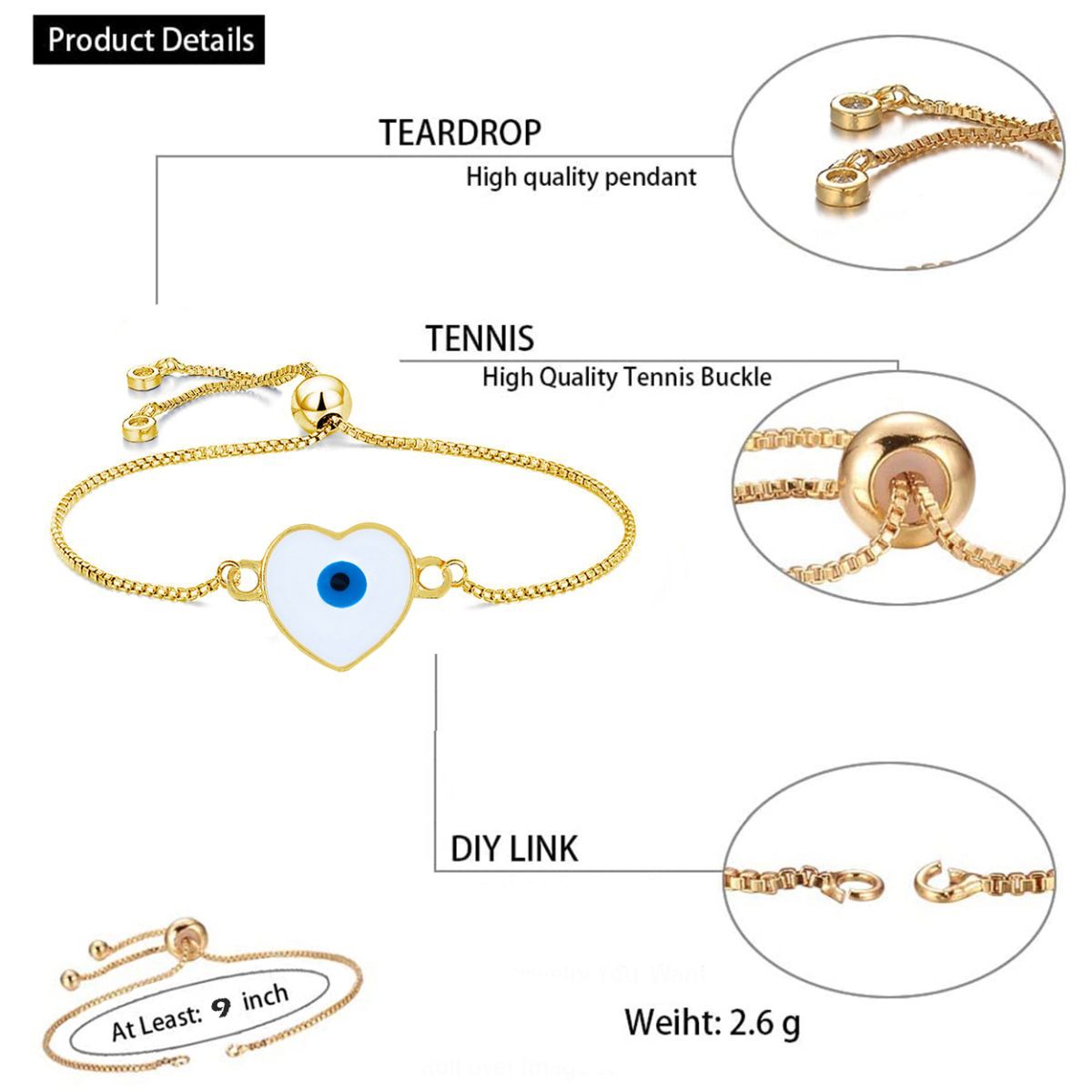Gold Slider Turkish Evil Eye Heart Bracelet For Women Bulk
