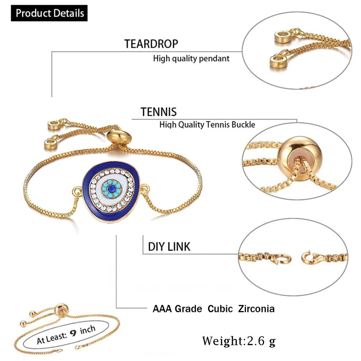 Turkish Blue Evil Eye CZ Gold Adjustable Slider Bracelet Bulk