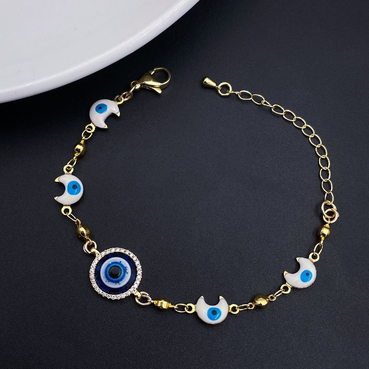 Copper Turkish Evil Eye Moon Cubic Zirconia Blue Gold Bracelet Bulk