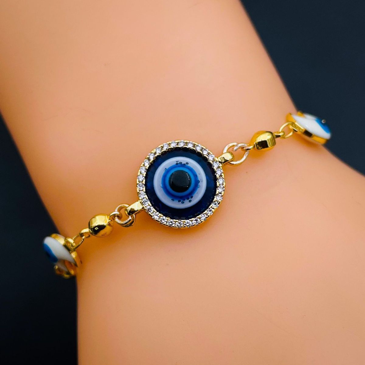 Copper Turkish Evil Eye Moon Cubic Zirconia Blue Gold Bracelet Bulk Secondary image