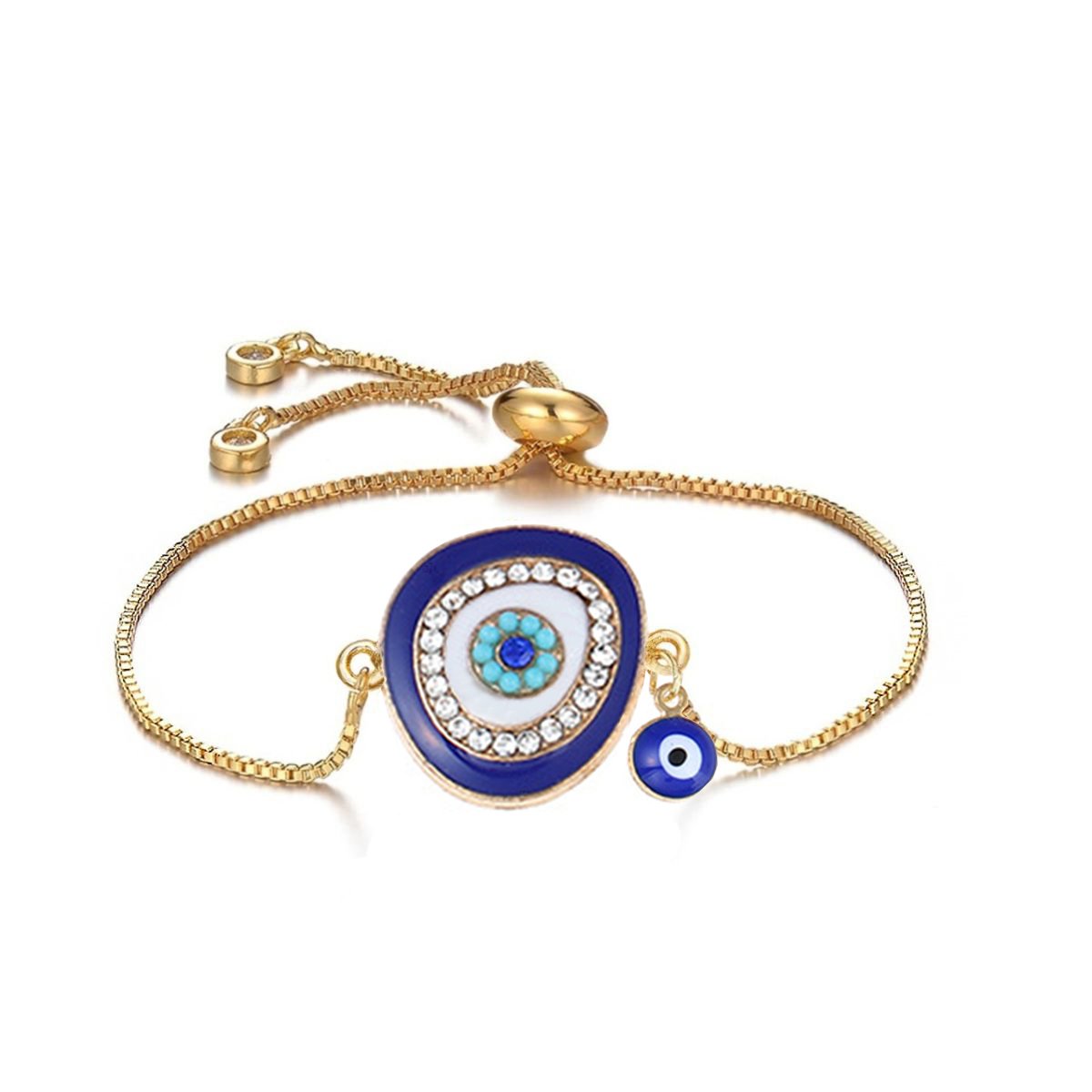 Turkish Evil Eye Blue CZ Gold Adjustable Slider Bracelet Bulk