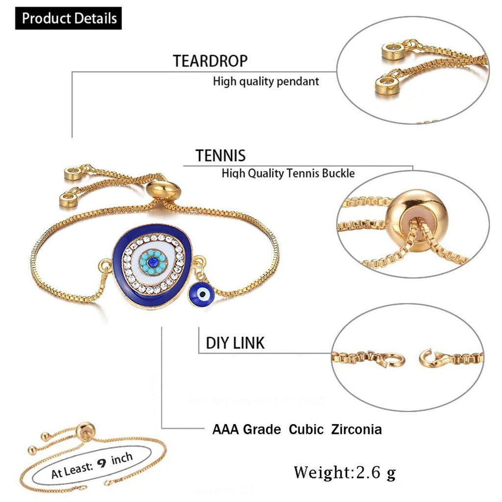Turkish Evil Eye Blue CZ Gold Adjustable Slider Bracelet Bulk