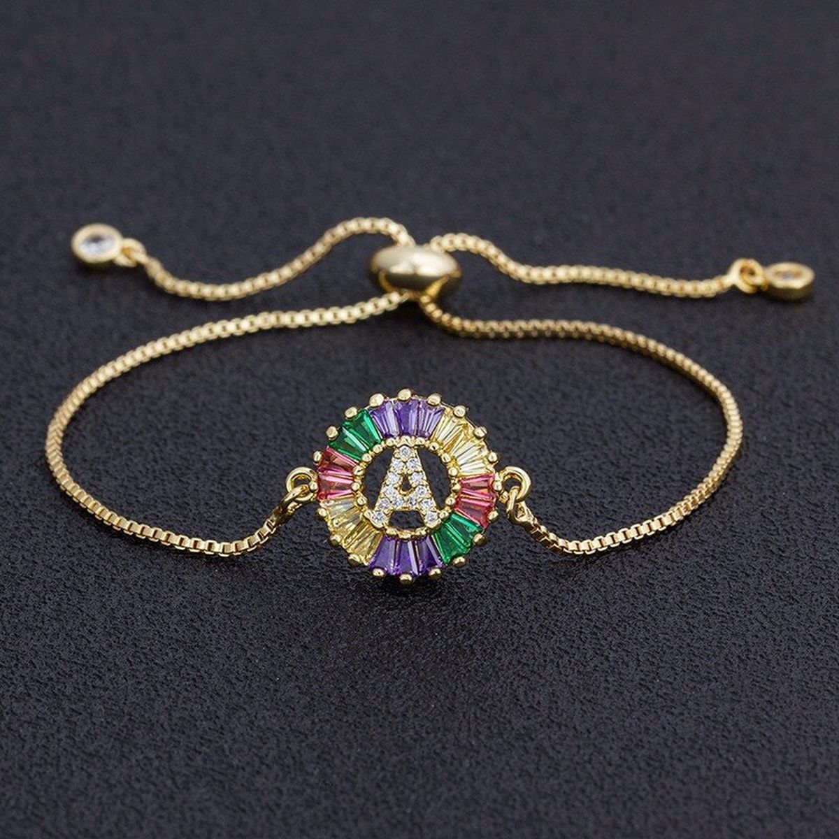 Colourful Rainbow Gold Initial Alphabet Letter Cz Slider Bracelet Main image