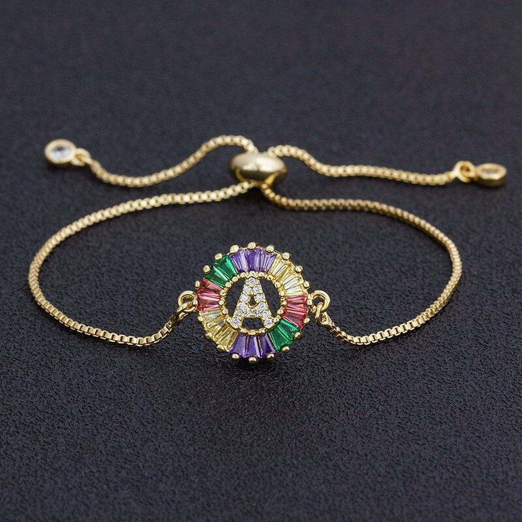 Colourful Rainbow Gold Initial Alphabet Letter Cz Slider Bracelet