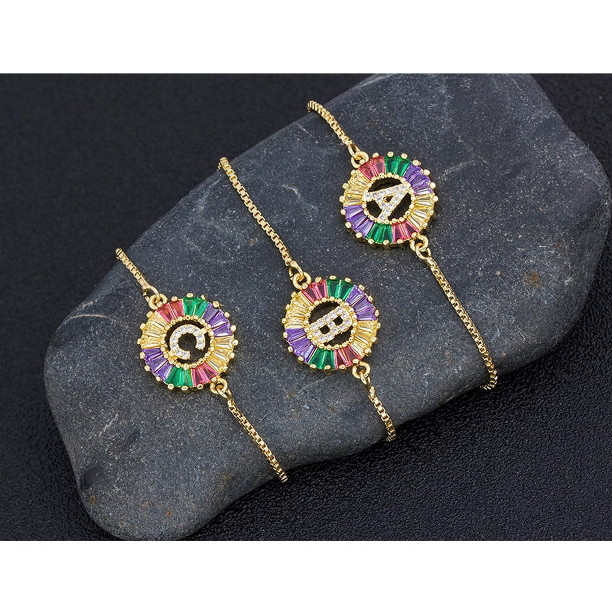 Colourful Rainbow Gold Initial Alphabet Letter Cz Slider Bracelet