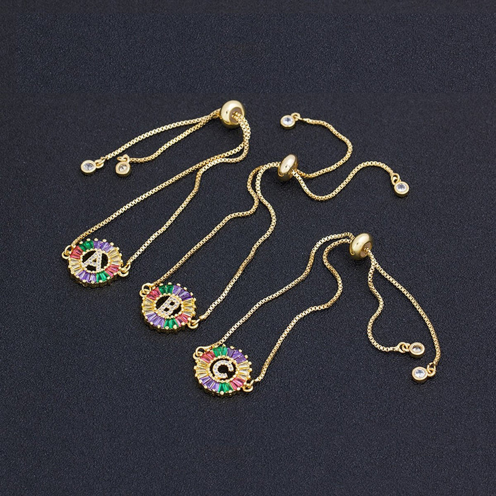 Colourful Rainbow Gold Initial Alphabet Letter Cz Slider Bracelet