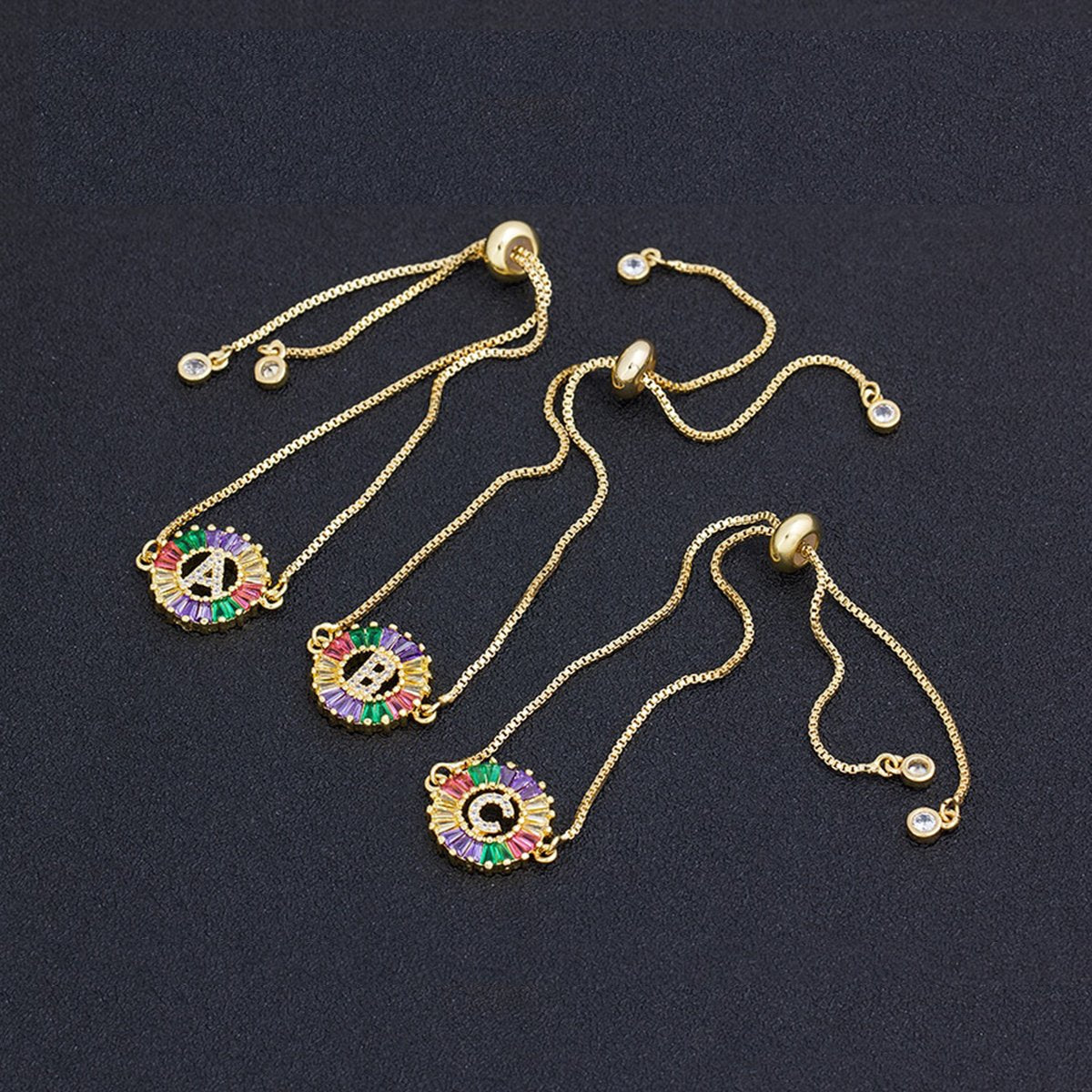 Colourful Rainbow Gold Initial Alphabet Letter Cz Slider Bracelet