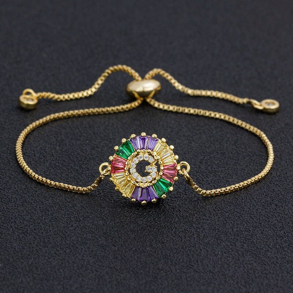 Colourful Rainbow Gold Initial Alphabet Letter Cz Slider Bracelet