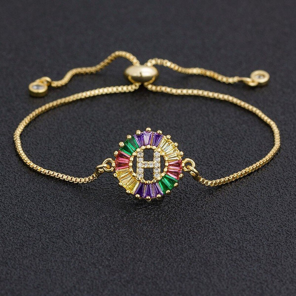 Colourful Rainbow Gold Initial Alphabet Letter Cz Slider Bracelet