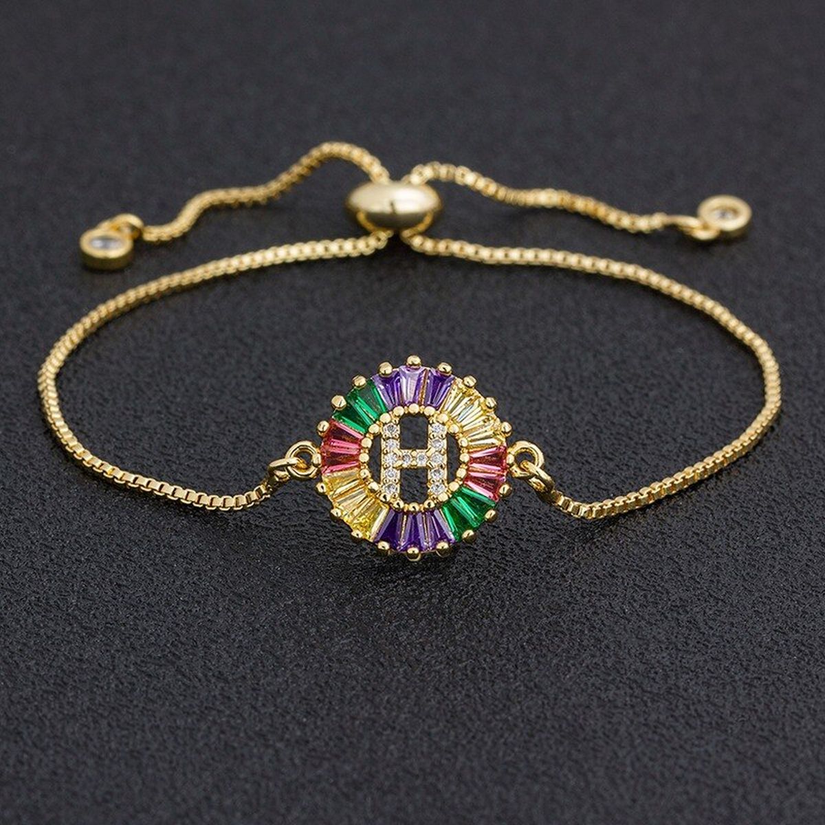Colourful Rainbow Gold Initial Alphabet Letter Cz Slider Bracelet