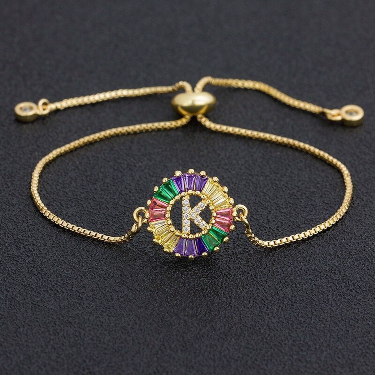Colourful Rainbow Gold Initial Alphabet Letter Cz Slider Bracelet