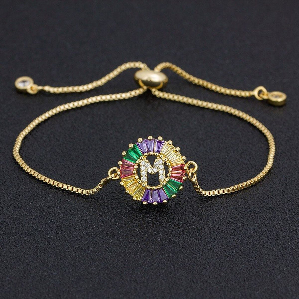 Colourful Rainbow Gold Initial Alphabet Letter Cz Slider Bracelet