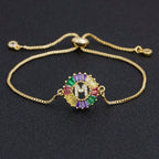 Colourful Rainbow Gold Initial Alphabet Letter Cz Slider Bracelet
