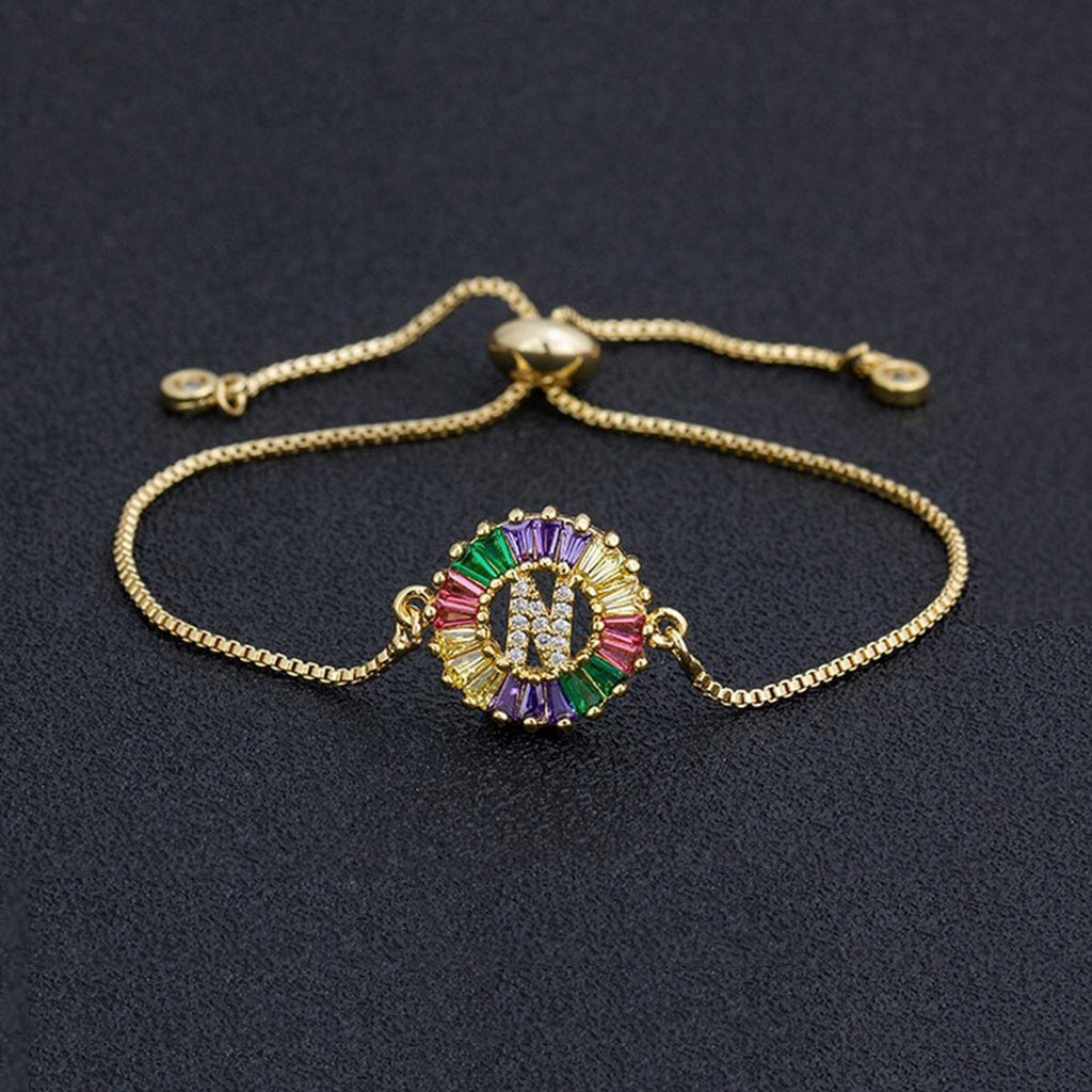 Colourful Rainbow Gold Initial Alphabet Letter Cz Slider Bracelet