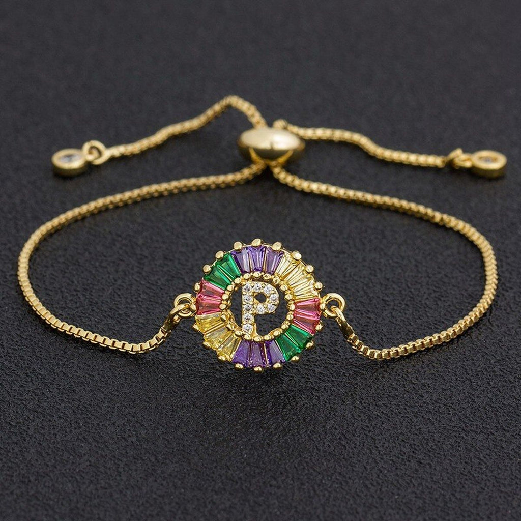 Colourful Rainbow Gold Initial Alphabet Letter Cz Slider Bracelet