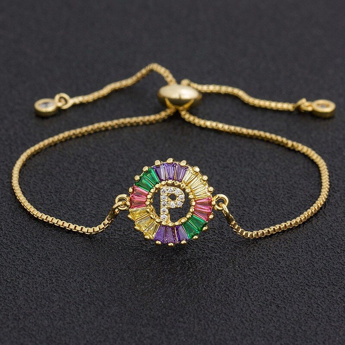 Colourful Rainbow Gold Initial Alphabet Letter Cz Slider Bracelet