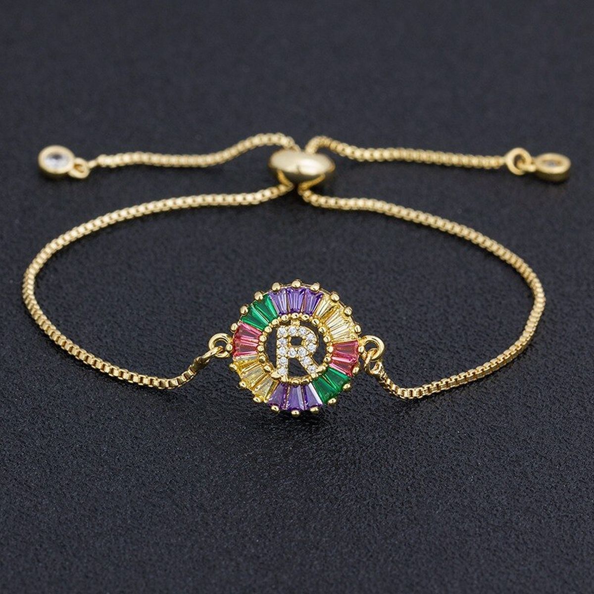 Colourful Rainbow Gold Initial Alphabet Letter Cz Slider Bracelet