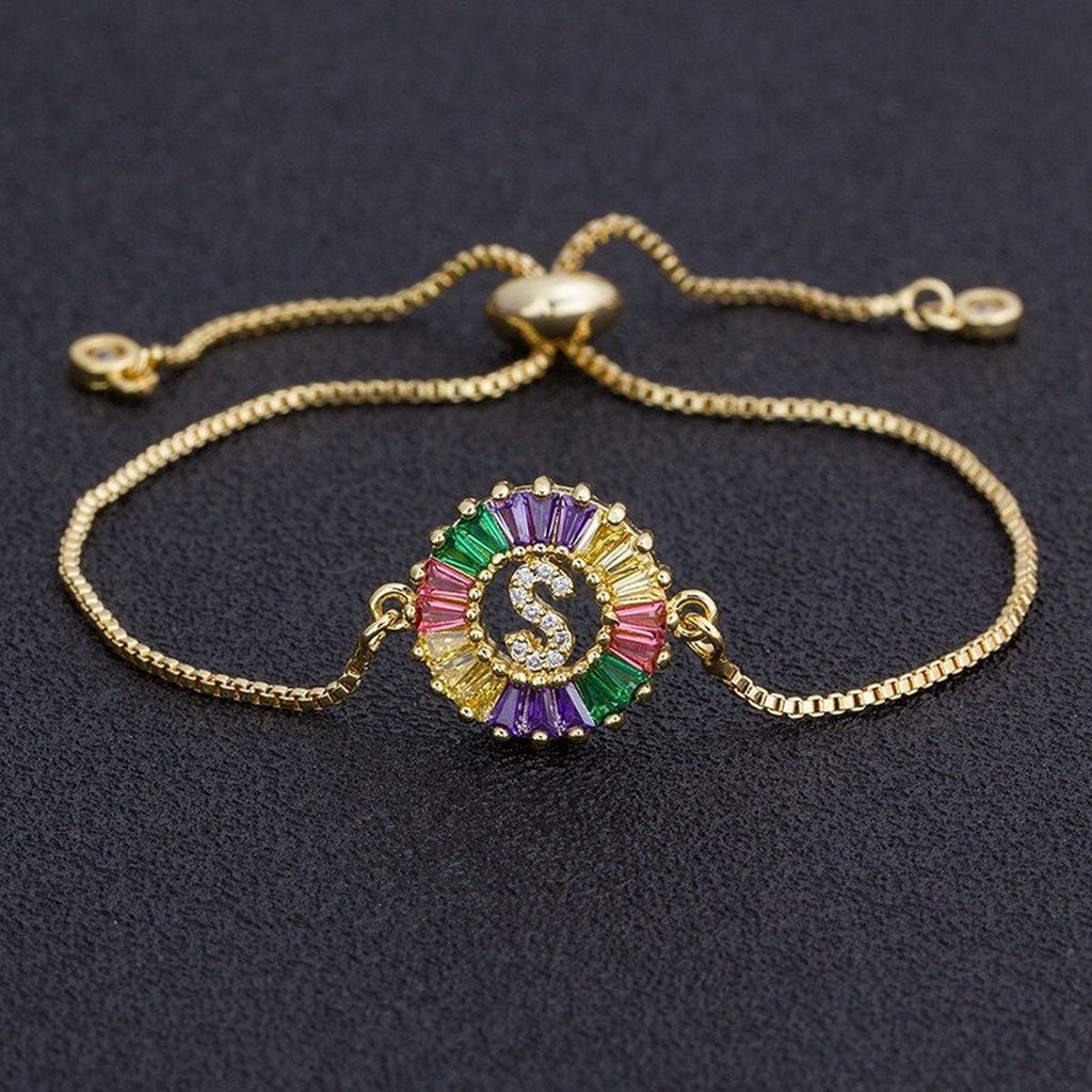 Colourful Rainbow Gold Initial Alphabet Letter Cz Slider Bracelet