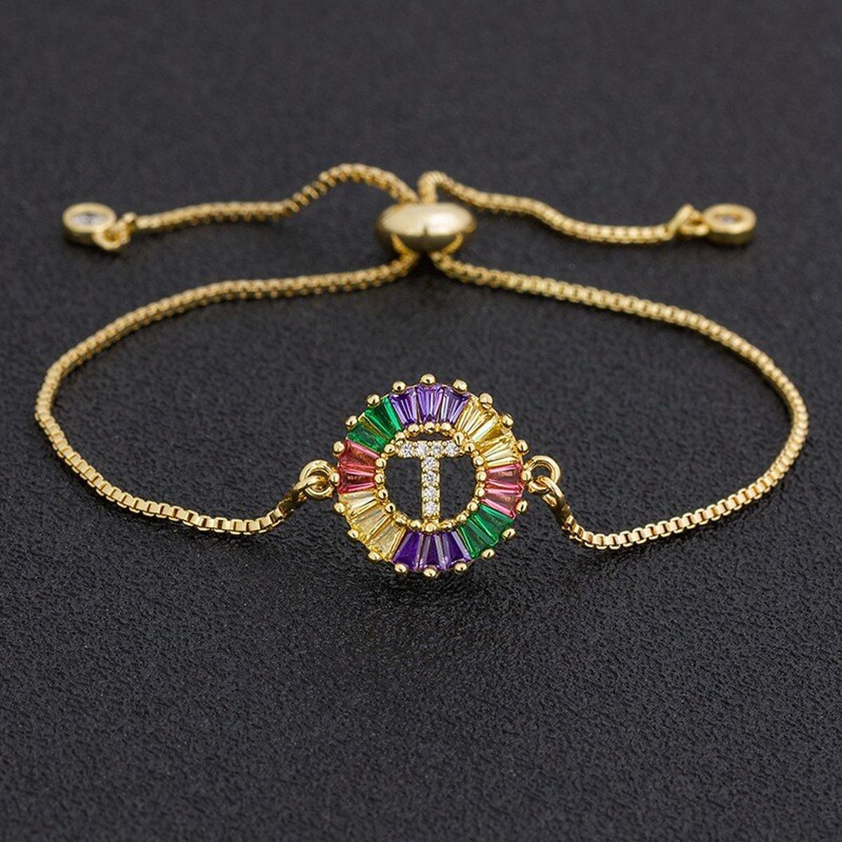 Colourful Rainbow Gold Initial Alphabet Letter Cz Slider Bracelet