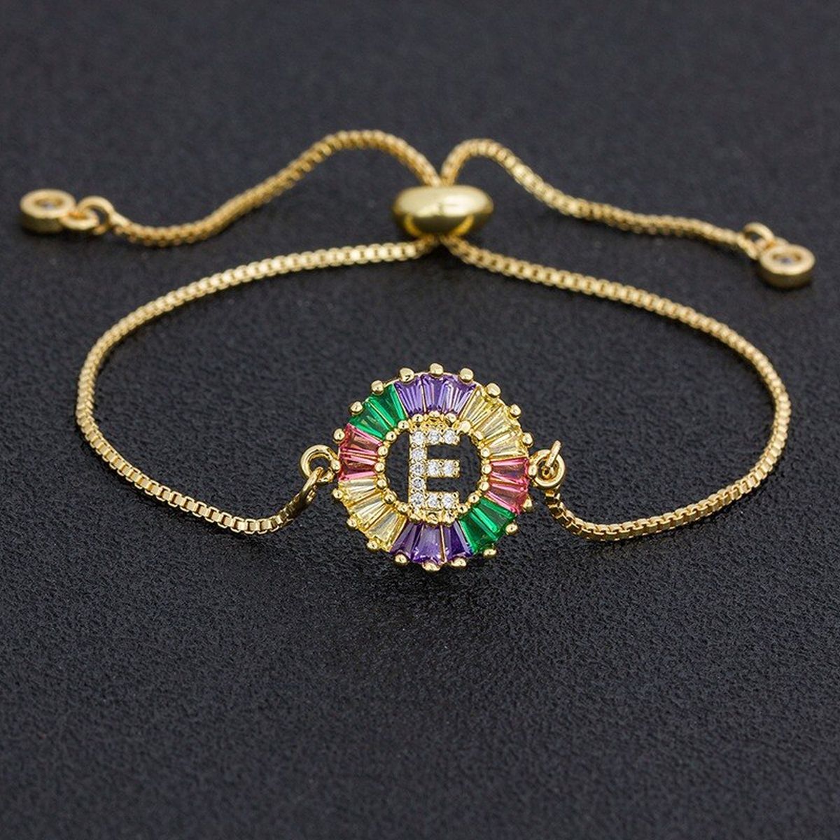Colourful Rainbow Gold Initial Alphabet Letter Cz Slider Bracelet