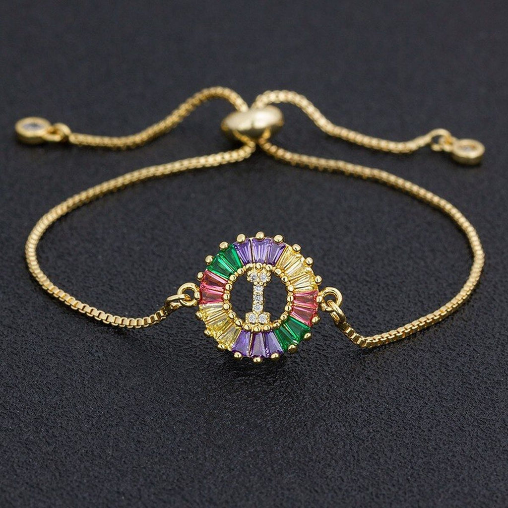Colourful Rainbow Gold Initial Alphabet Letter Cz Slider Bracelet