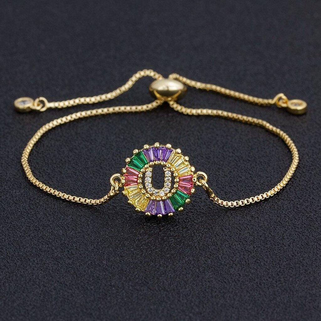 Colourful Rainbow Gold Initial Alphabet Letter Cz Slider Bracelet