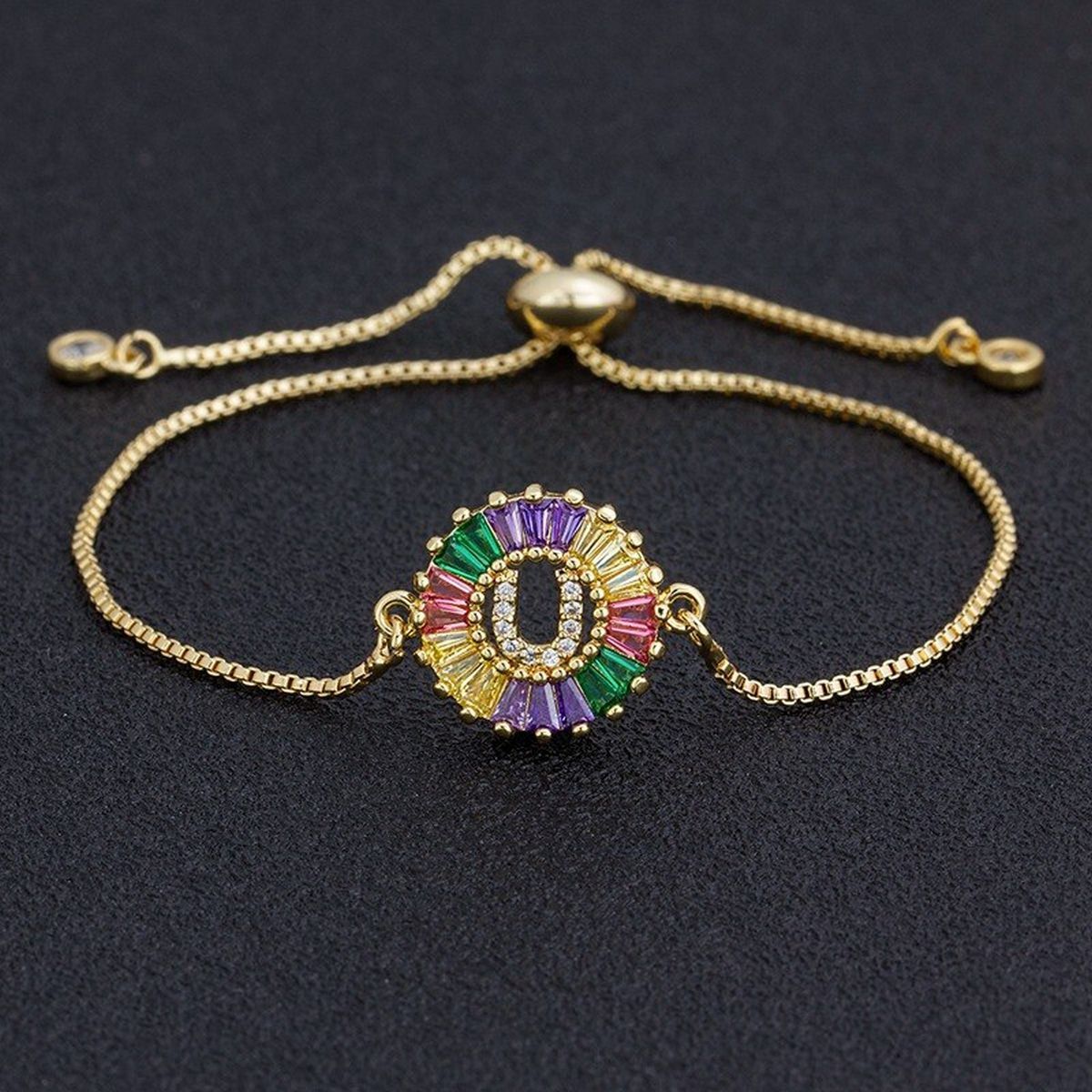 Colourful Rainbow Gold Initial Alphabet Letter Cz Slider Bracelet
