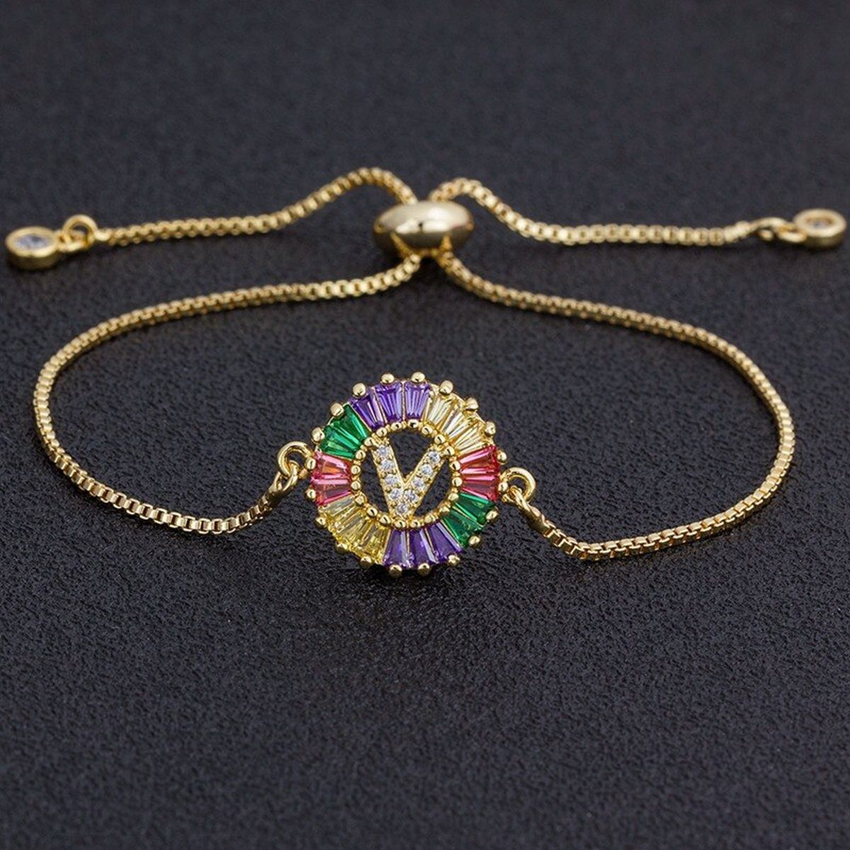 Colourful Rainbow Gold Initial Alphabet Letter Cz Slider Bracelet