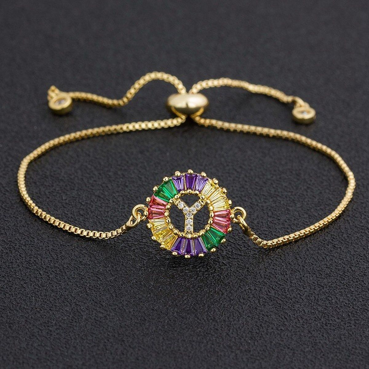Colourful Rainbow Gold Initial Alphabet Letter Cz Slider Bracelet
