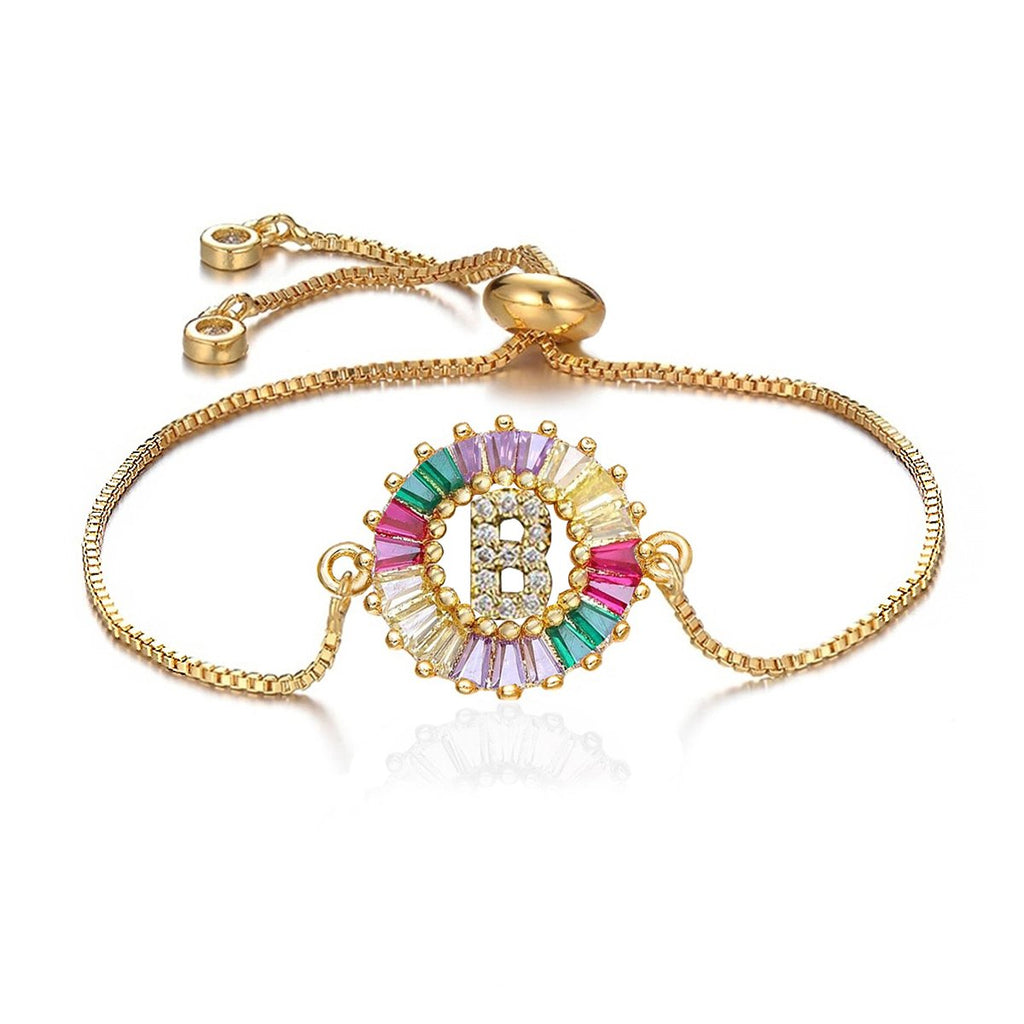 Colourful Rainbow Gold Initial Alphabet Letter Cz Slider Bracelet
