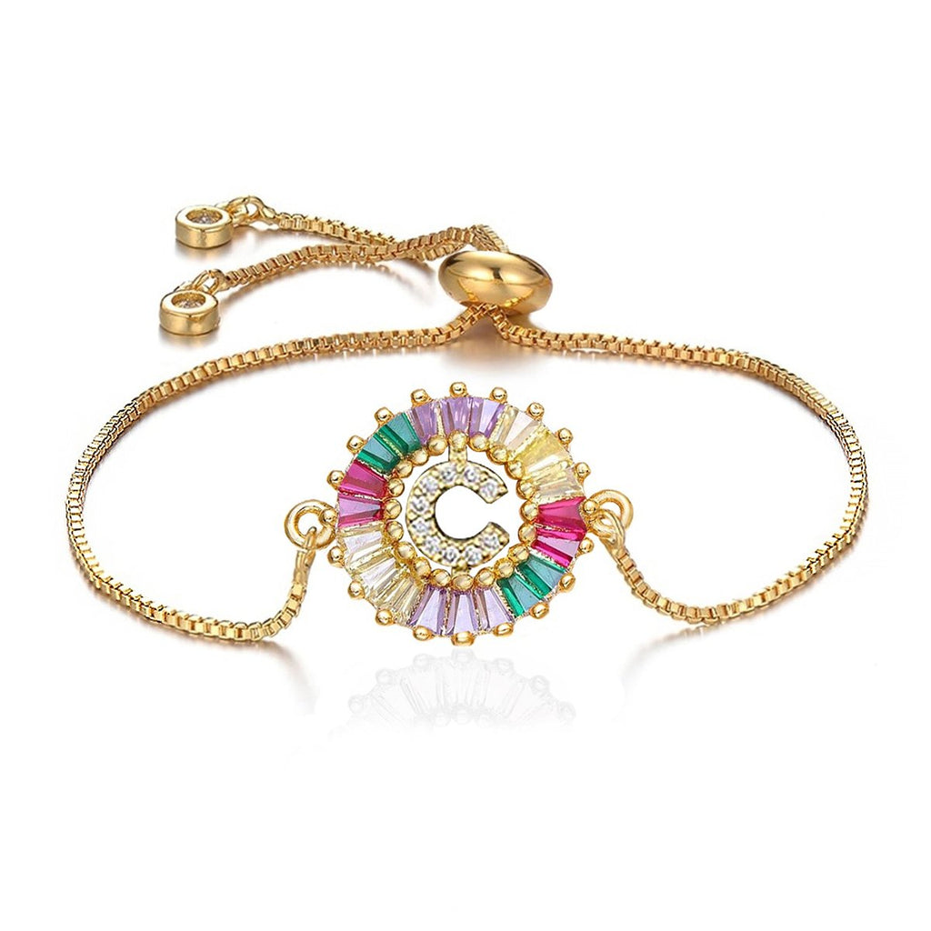 Colourful Rainbow Gold Initial Alphabet Letter Cz Slider Bracelet